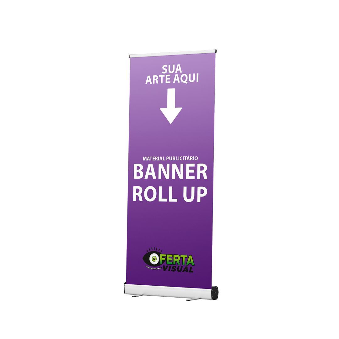 Os banners roll-up oferecem uma solução elegante e prática para promover sua marca em eventos. Fáceis de transportar e montar, alta duração.